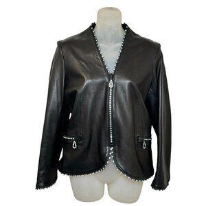 KIPPYS Black Leather Jacket Swarovski Crystal Trim Glam, Stunning!! Size 10